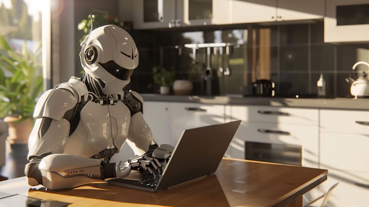 AI robot using laptop in kitchen